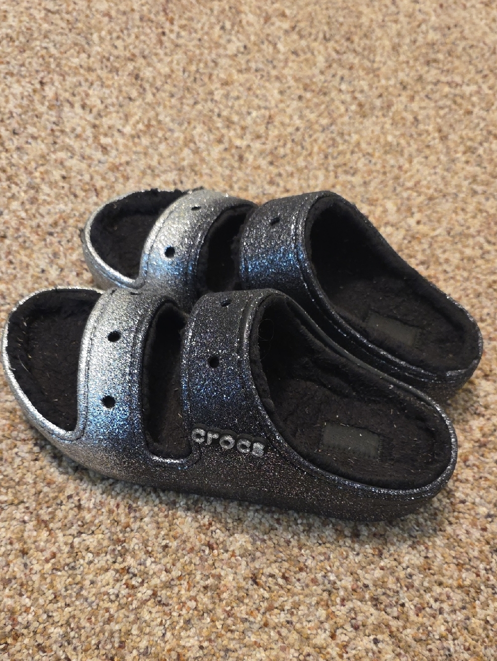 CROCS Glitter Double-Strap Slide Sandals in Silver and Black